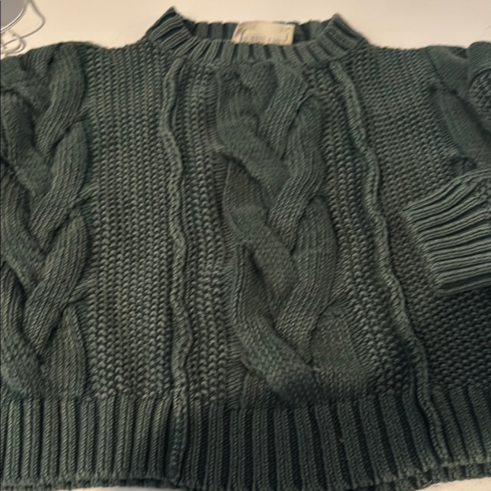 Free People Green Cable Knit Crew Neck Sweater